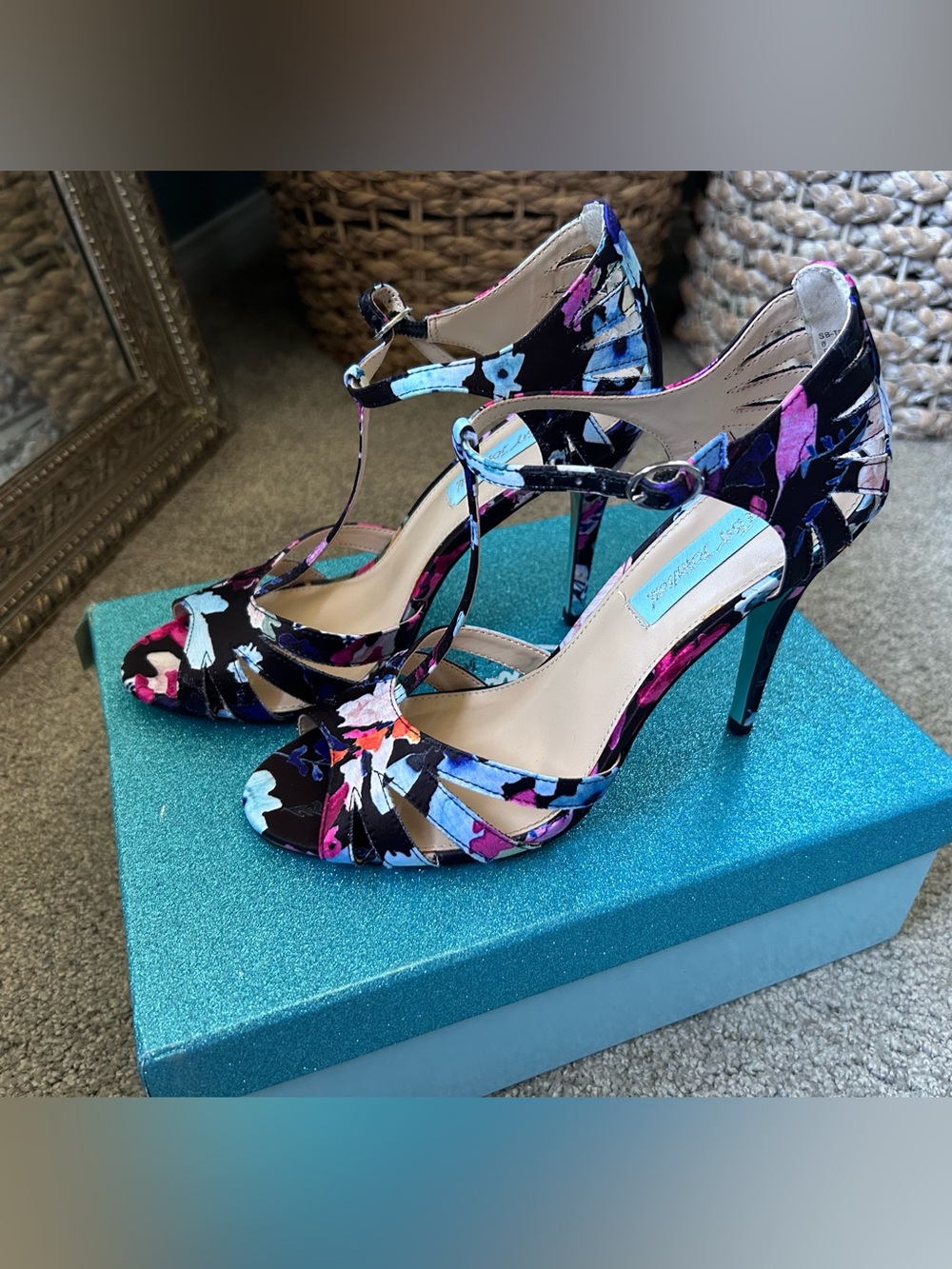 Betsey Johnson Black Floral T-Strap Heels with Pink & Blue Accents